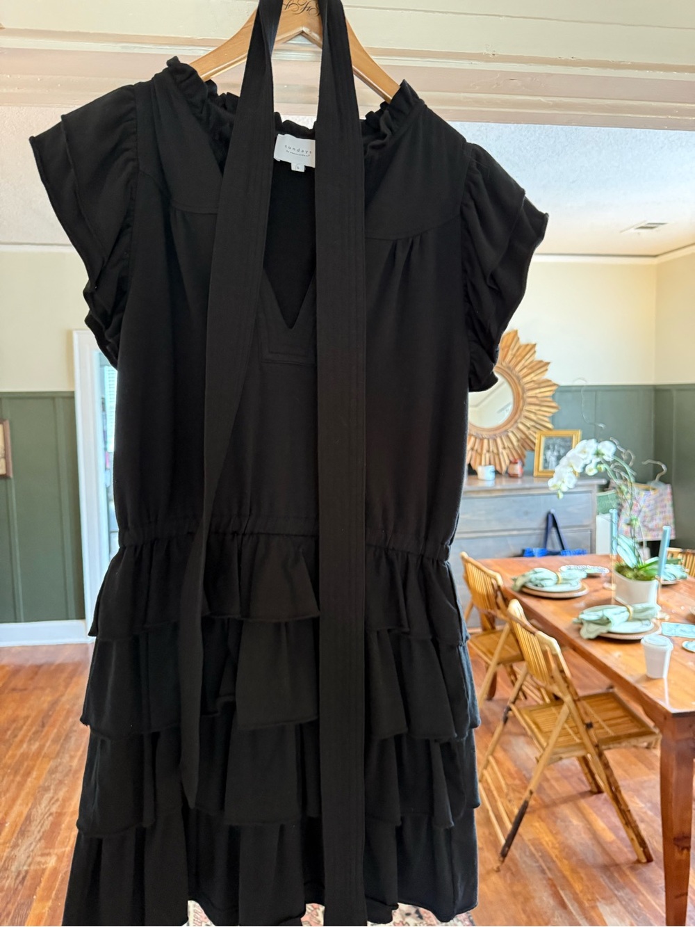 sundays Anthropologie Black Tiered Ruffle Dress with Neck Tie